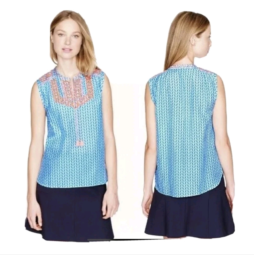 J.Crew Embroidered Blue Patterned Sleeveless Top - image 1